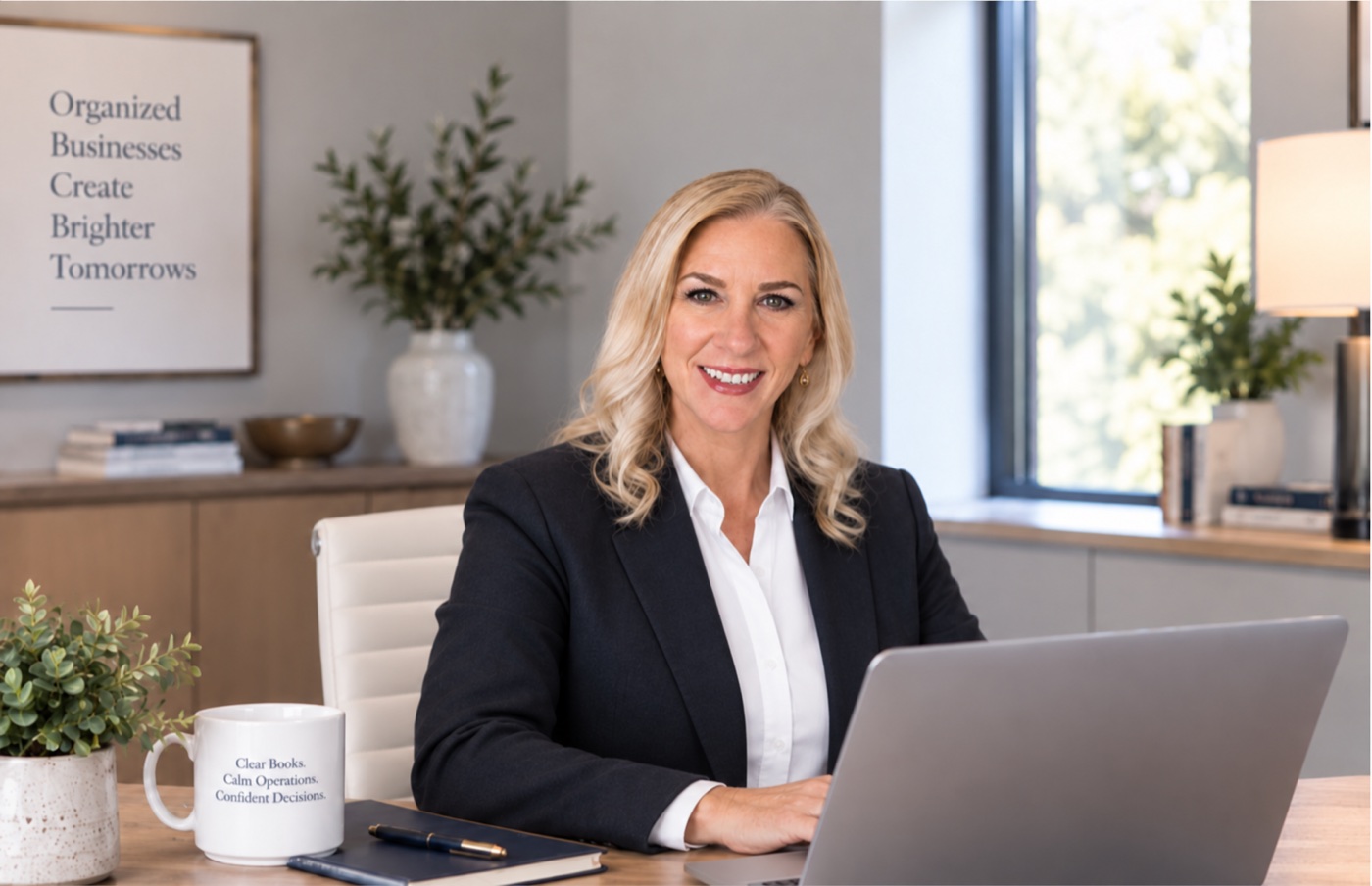 Kathy Griffiths at an organized desk with her laptop and a Clear Books. Calm Operations. Confident Decisions. mug.